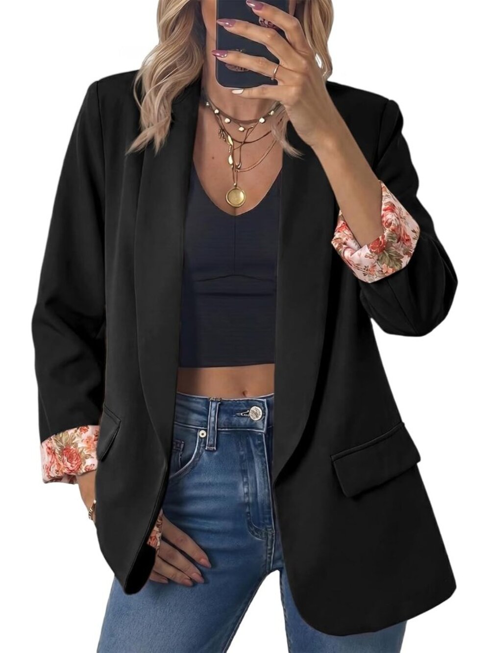 Women's Black Oversized Open Front Shawl Collar Floral Cuff Classic Suit Jacket